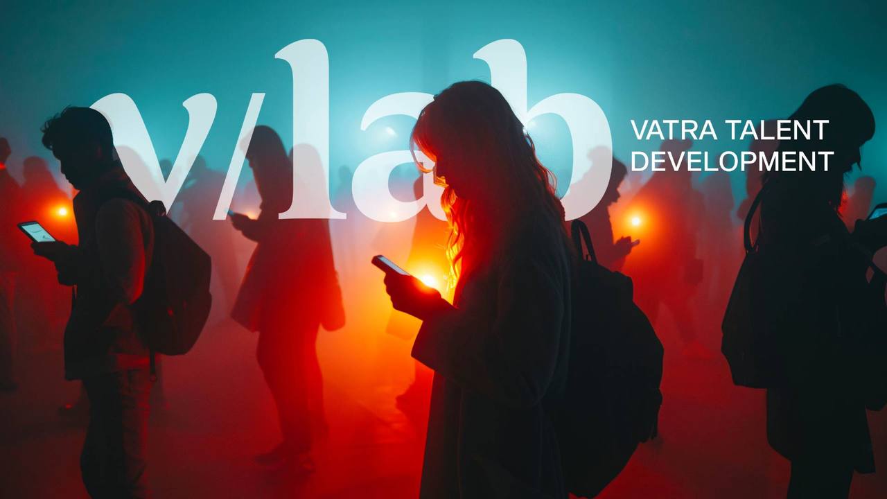 Siluete ljudi koji gledaju u telefone ispod logotipa v/lab, Vatra Talent Development